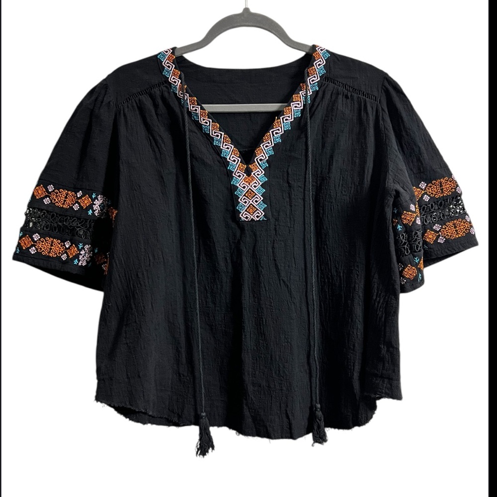 Unbranded Women’s Black Blouse with Embroidered Puff Sleeves
